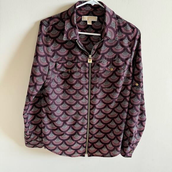 MICHAEL Michael Kors Blouse Women’s M Burgundy Purple Geometric Full Zip - Picture 1 of 12